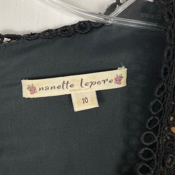 NANETTE LEPORE Blouse 10 Brown Silk Floral Crochet Pom Pom Long-Flare-Slv Lined - Picture 3 of 13